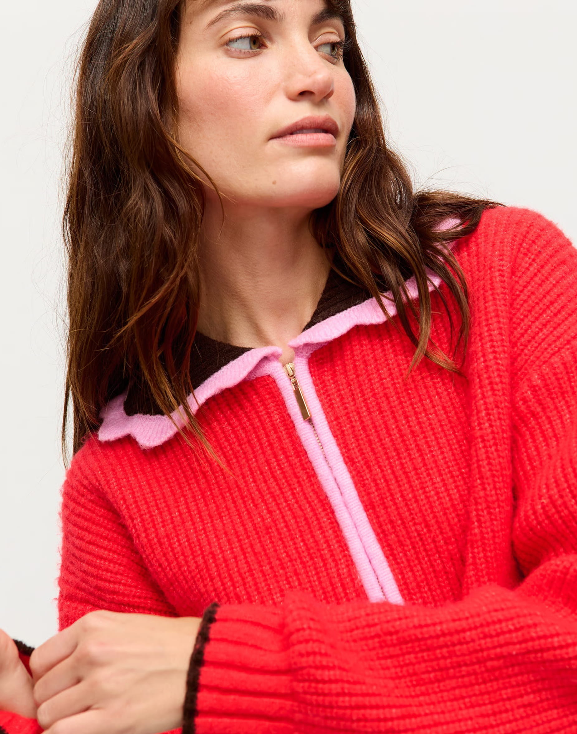 Red Scalloped Collar Zip Up Knitted Bomber Jacket